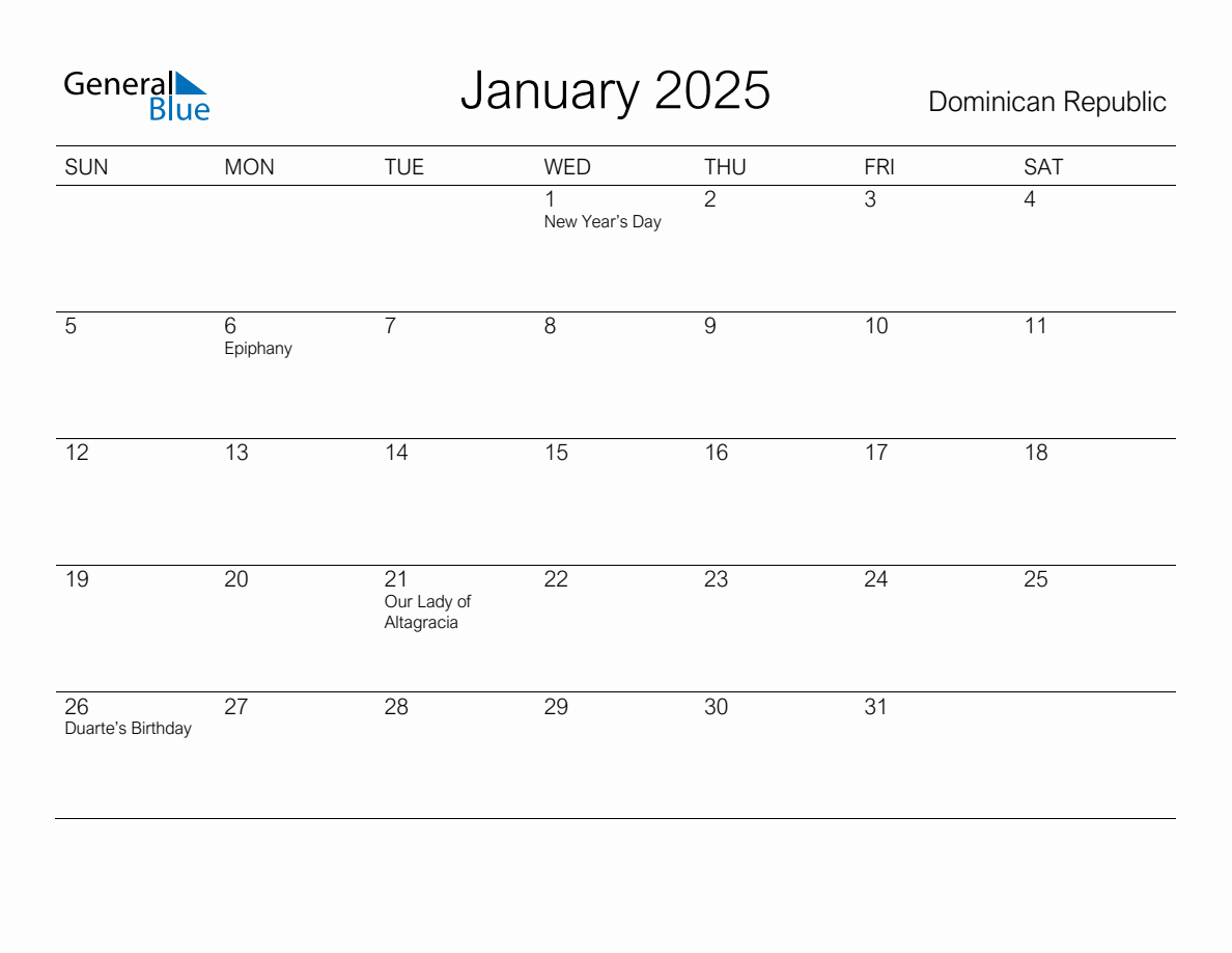 Printable January 2025 Monthly Calendar with Holidays for Dominican