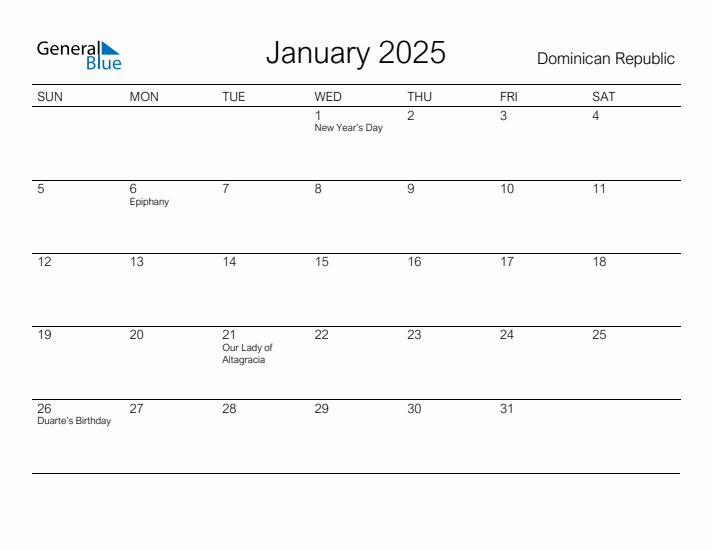 Printable January 2025 Calendar for Dominican Republic