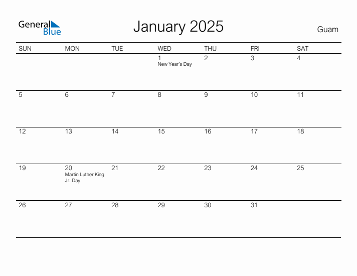 January 2025 Calendar with Guam Holidays