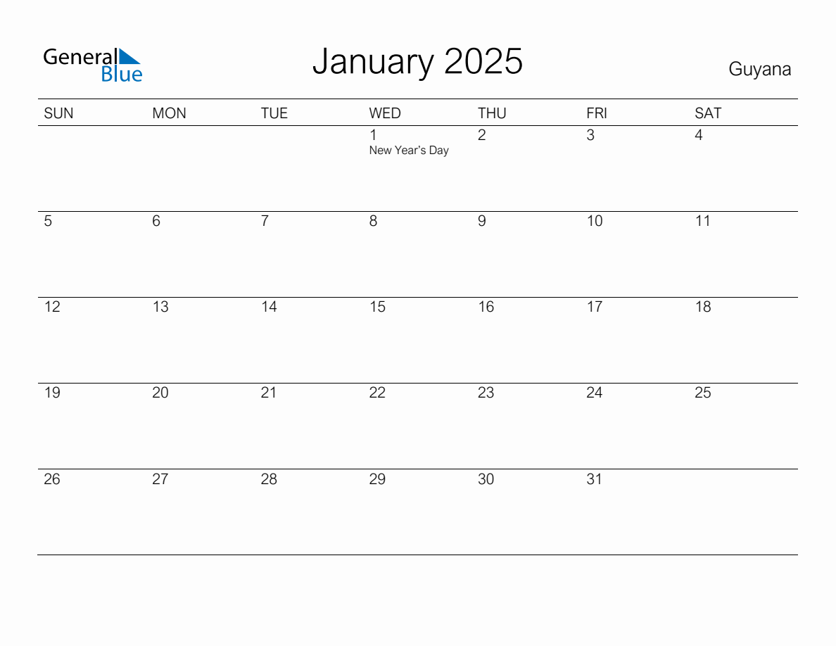 Printable January 2025 Monthly Calendar with Holidays for Guyana