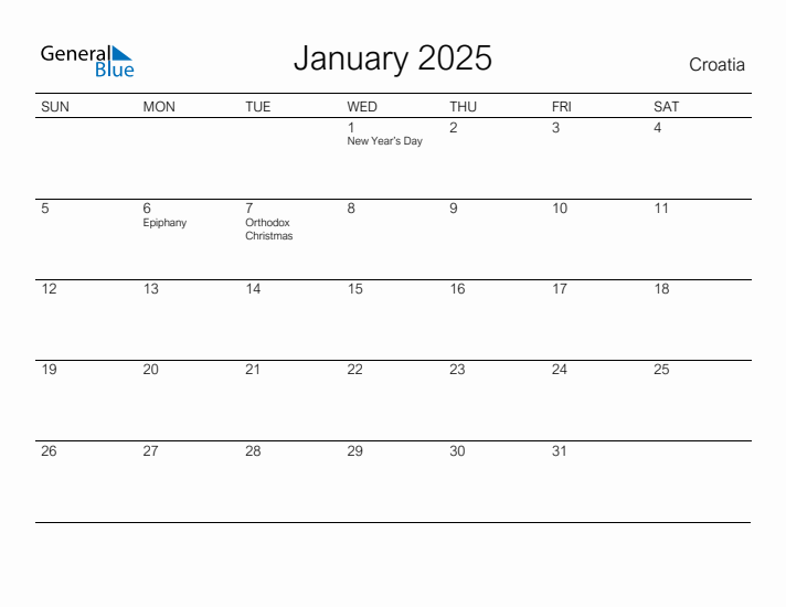 Printable January 2025 Calendar for Croatia