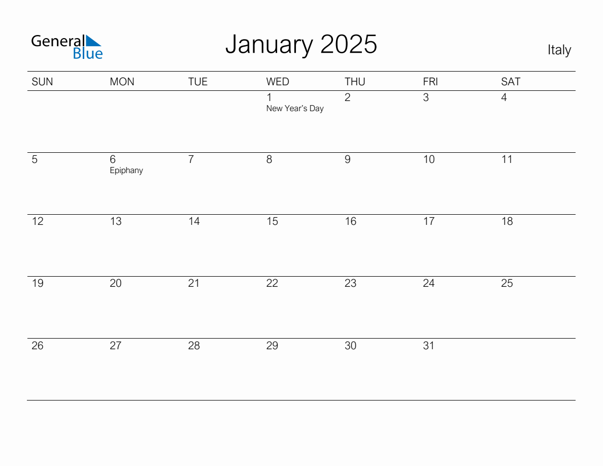 Printable January 2025 Monthly Calendar with Holidays for Italy