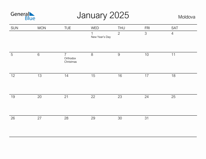 Printable January 2025 Calendar for Moldova