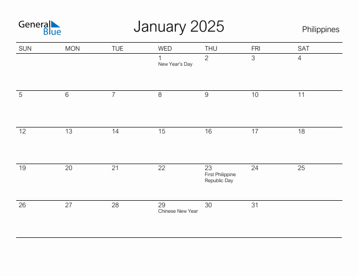 Printable January 2025 Calendar for Philippines