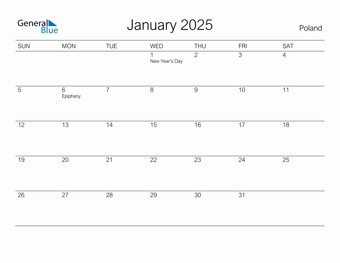 Printable January 2025 Monthly Calendar with Holidays for Poland