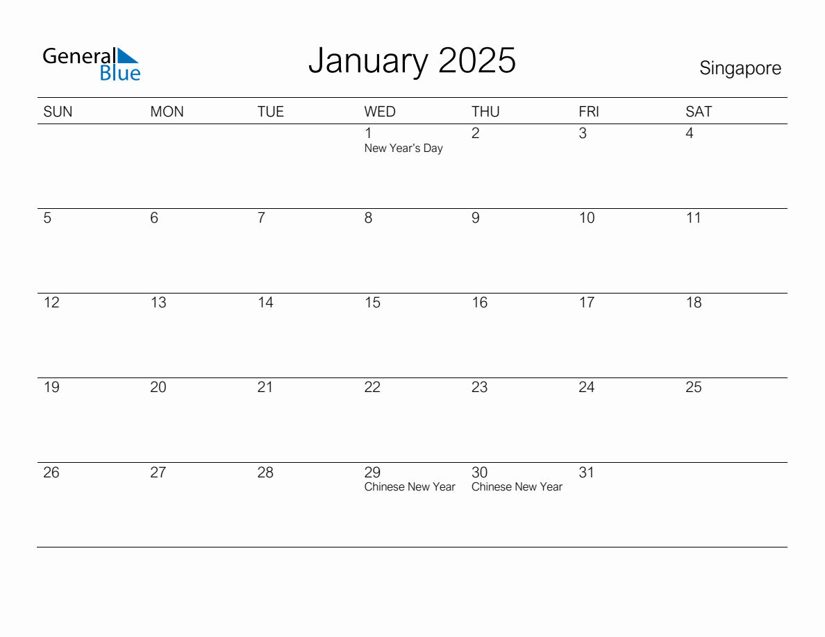 Printable January 2025 Monthly Calendar with Holidays for Singapore