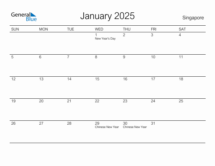 Printable January 2025 Monthly Calendar with Holidays for Singapore