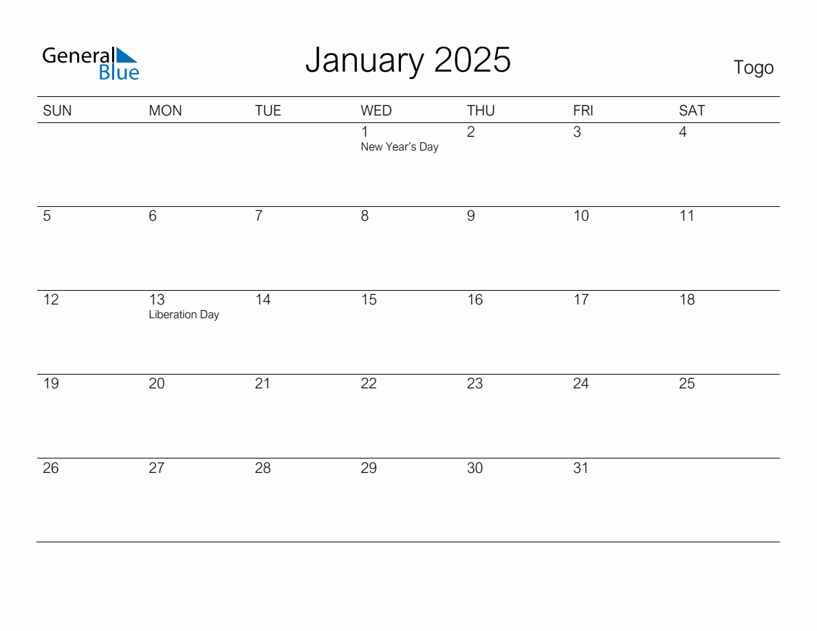 Printable January 2025 Monthly Calendar with Holidays for Togo