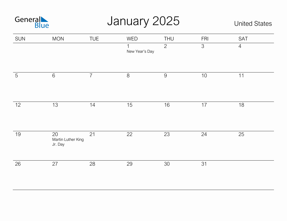 Printable January 2025 Monthly Calendar with Holidays for United States