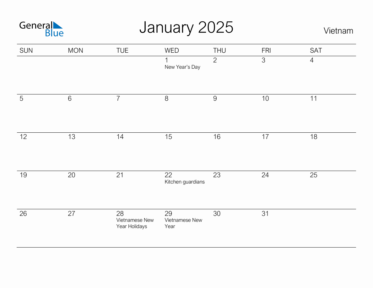 Printable January 2025 Monthly Calendar with Holidays for Vietnam