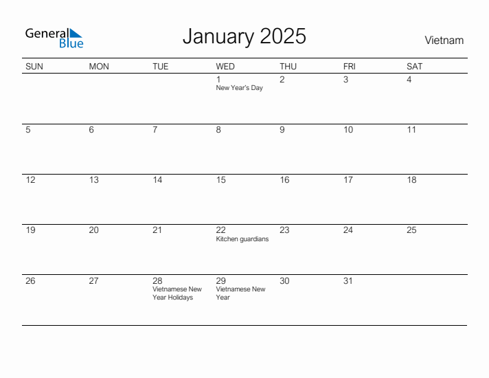 Printable January 2025 Calendar for Vietnam
