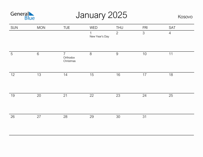 Printable January 2025 Calendar for Kosovo