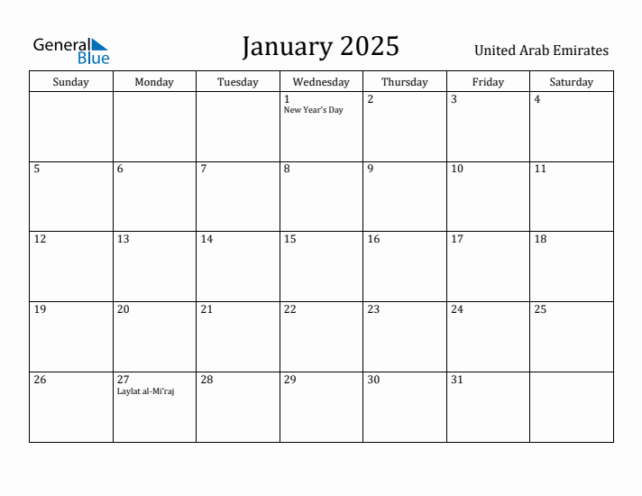 January 2025 Calendar United Arab Emirates
