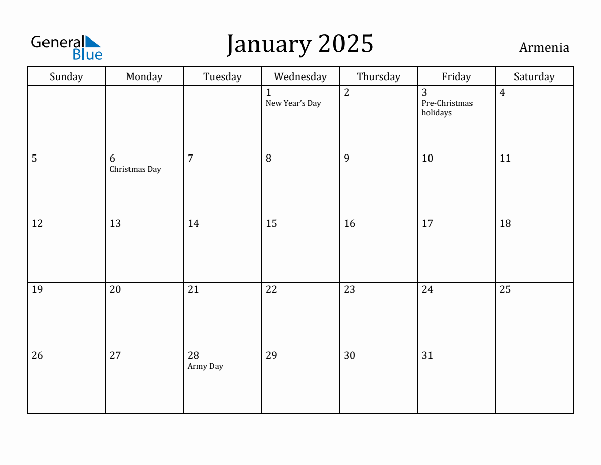 January 2025 Monthly Calendar with Armenia Holidays