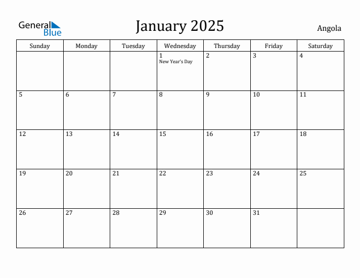January 2025 Monthly Calendar with Angola Holidays