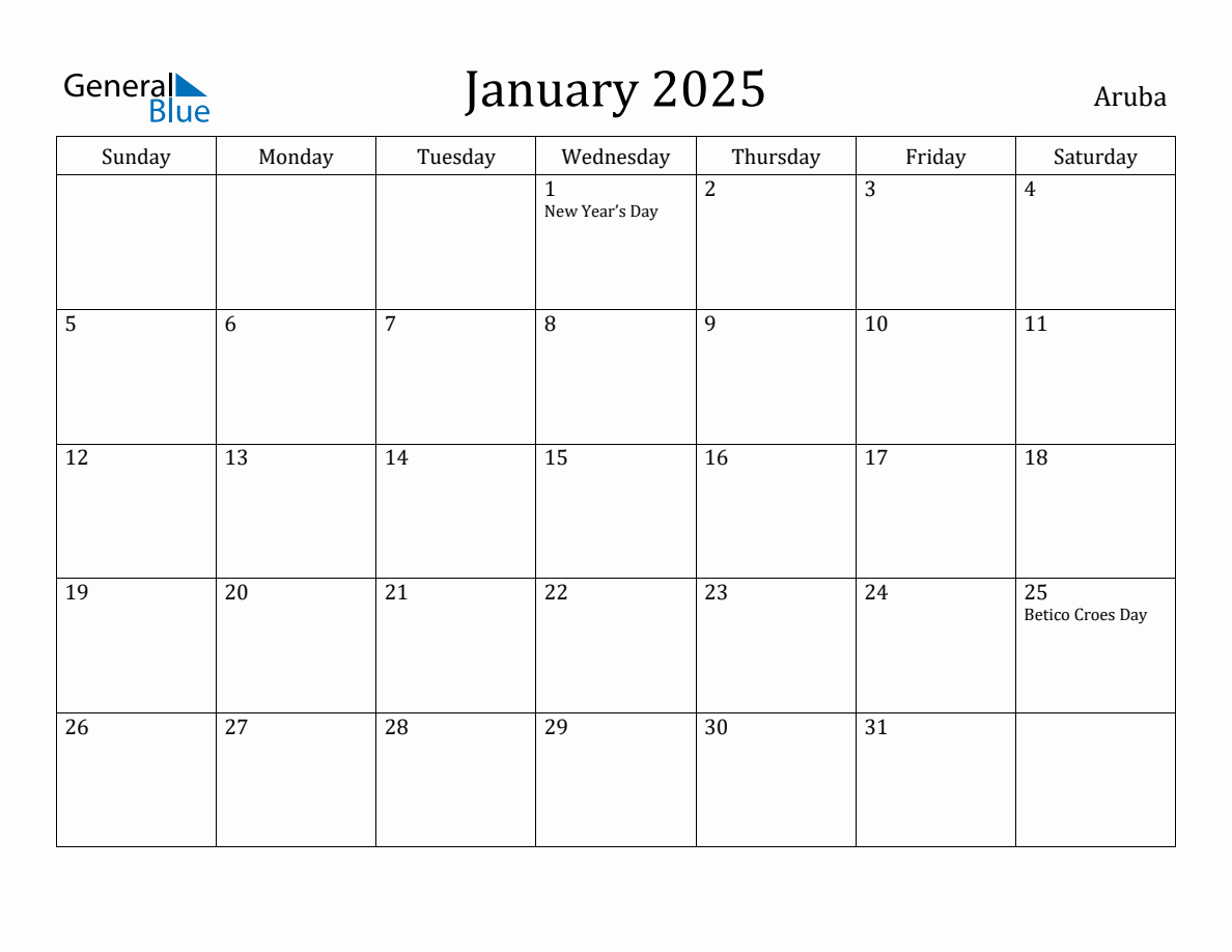 January 2025 Monthly Calendar with Aruba Holidays