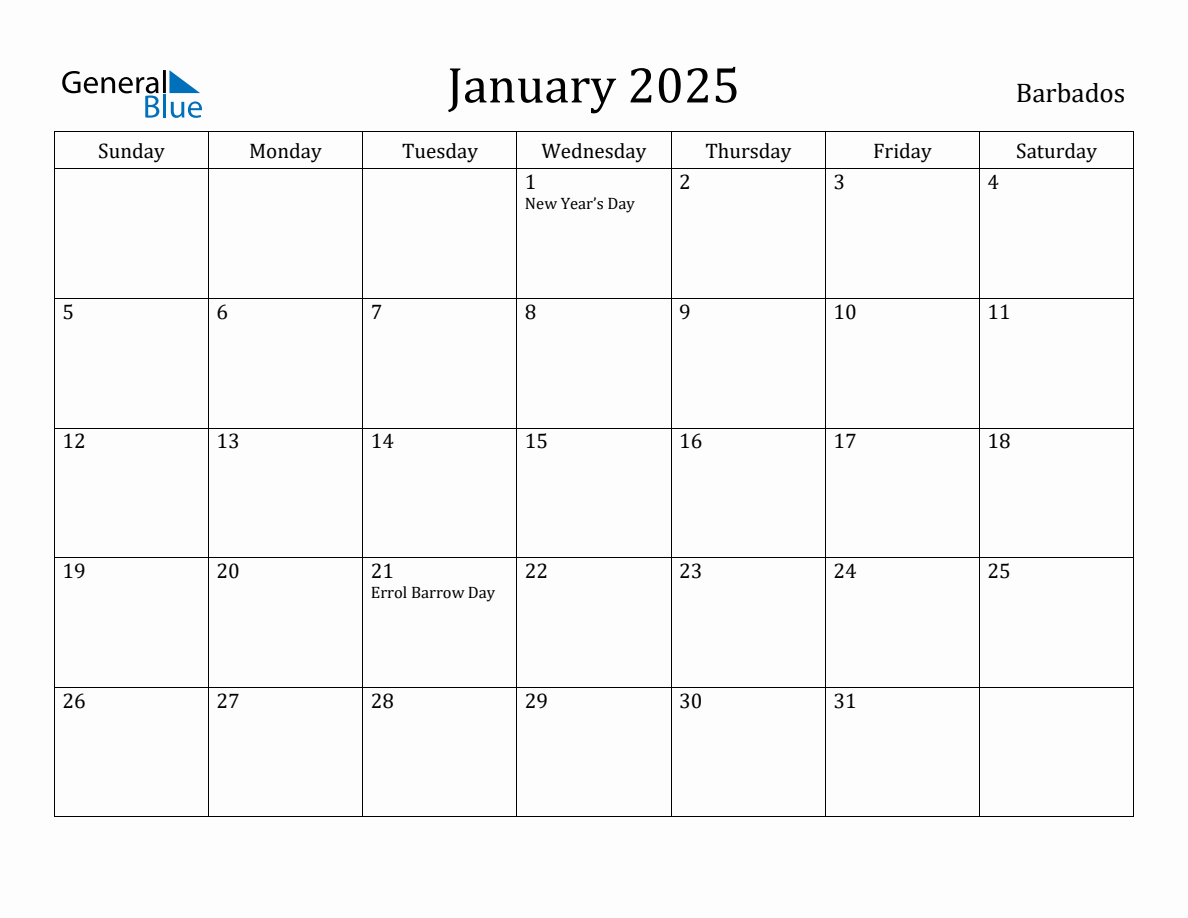 January 2025 Monthly Calendar with Barbados Holidays