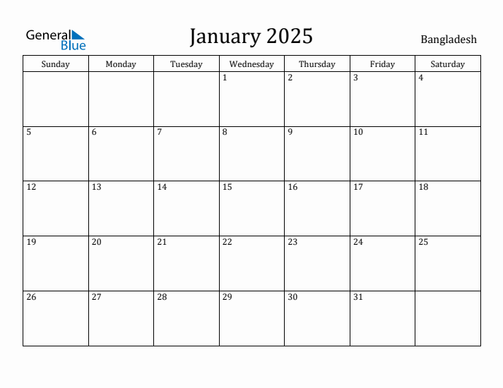 January 2025 Monthly Calendar with Bangladesh Holidays