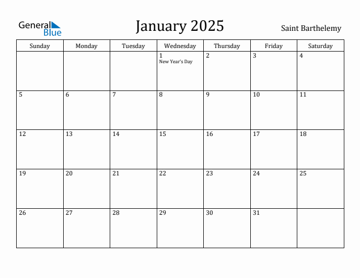 January 2025 Calendar Saint Barthelemy