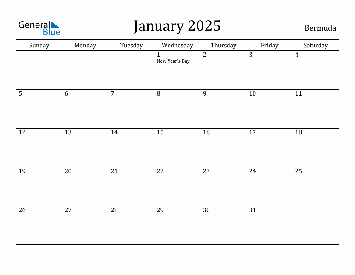 January 2025 Monthly Calendar with Bermuda Holidays