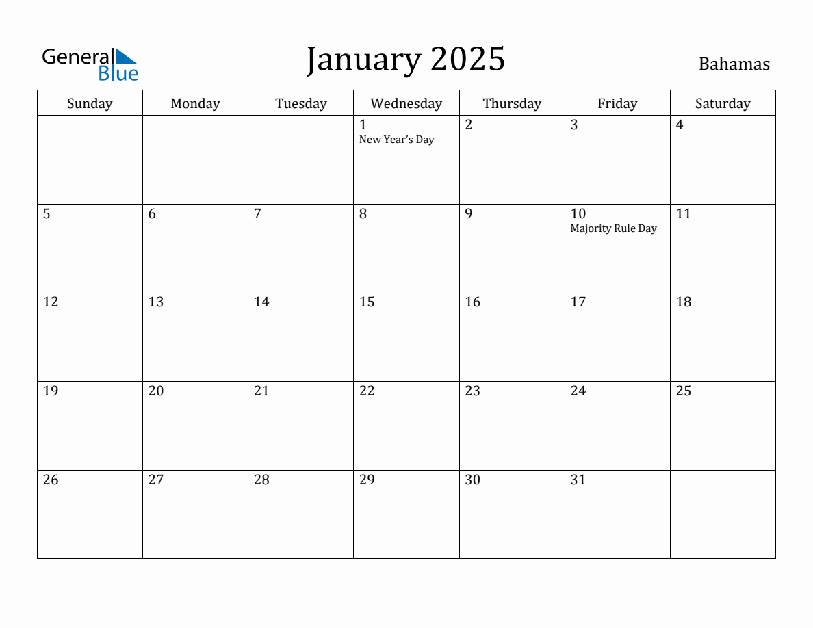 January 2025 Monthly Calendar with Bahamas Holidays