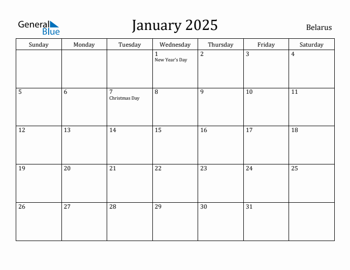January 2025 Calendar Belarus