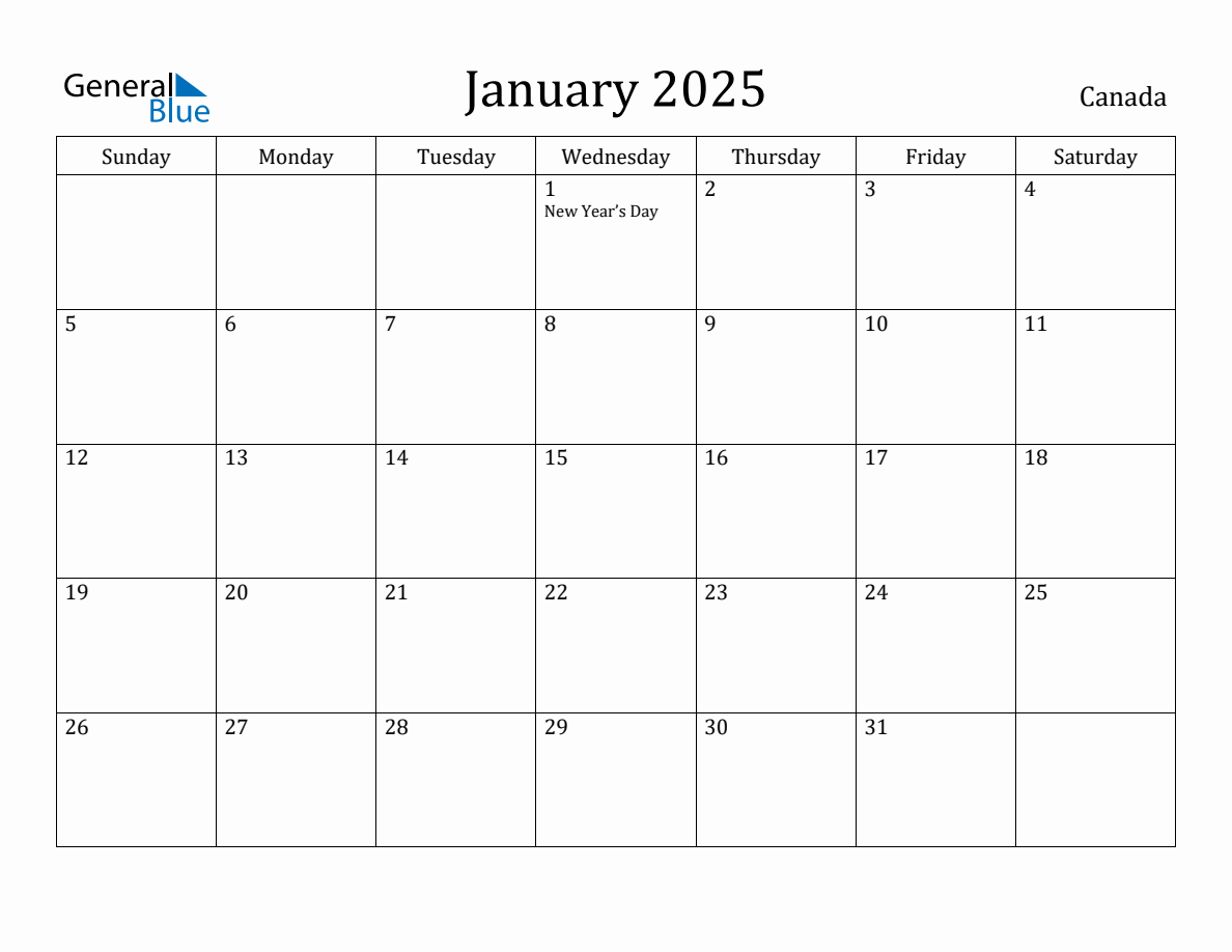 January 2025 Monthly Calendar with Canada Holidays