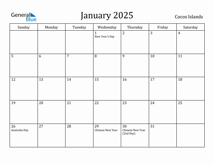 January 2025 Calendar Cocos Islands