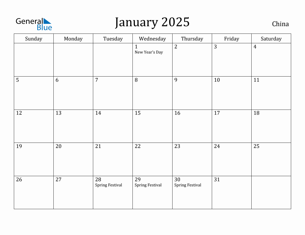 January 2025 Monthly Calendar with China Holidays