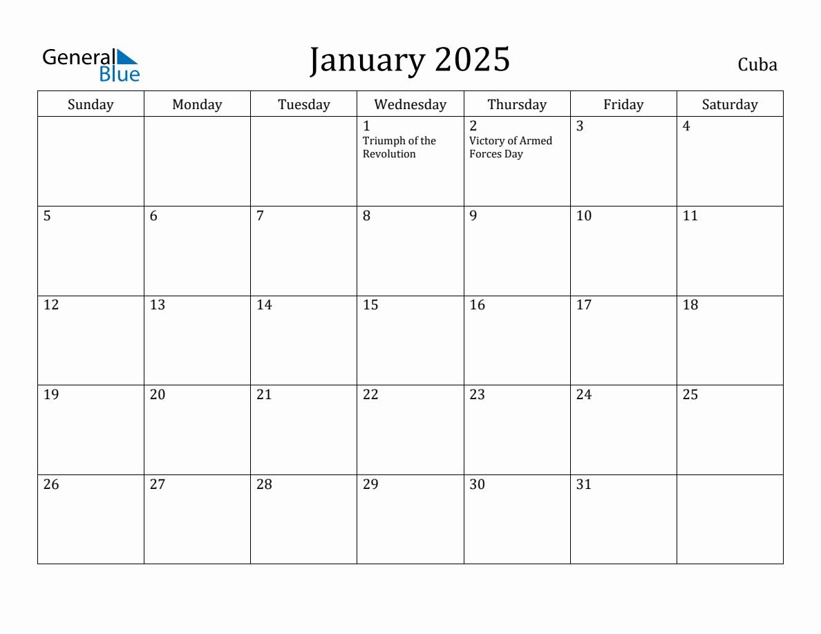 January 2025 Monthly Calendar with Cuba Holidays