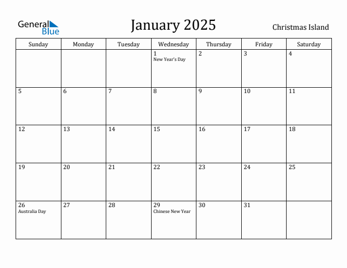 January 2025 Calendar Christmas Island