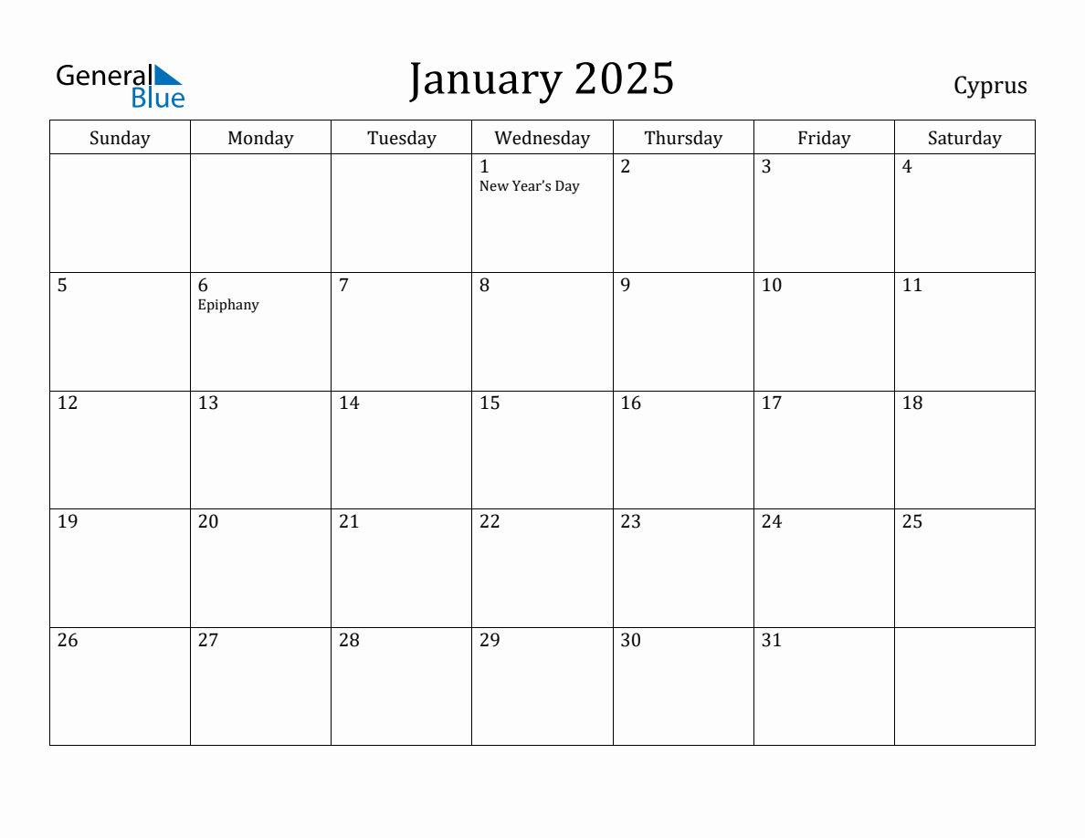 January 2025 Monthly Calendar with Cyprus Holidays