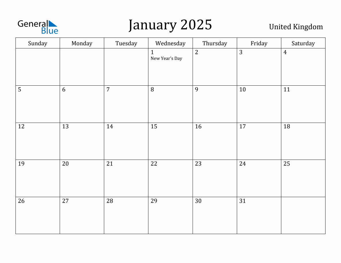 January 2025 Monthly Calendar with United Kingdom Holidays