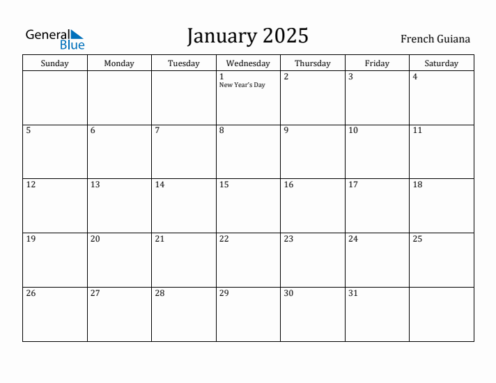January 2025 Calendar French Guiana