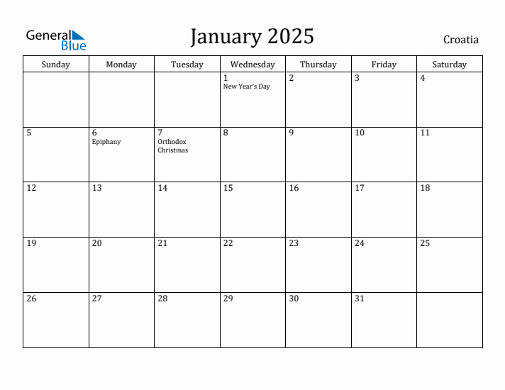 January 2025 Calendar Croatia