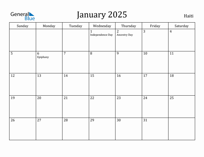 January 2025 Calendar Haiti