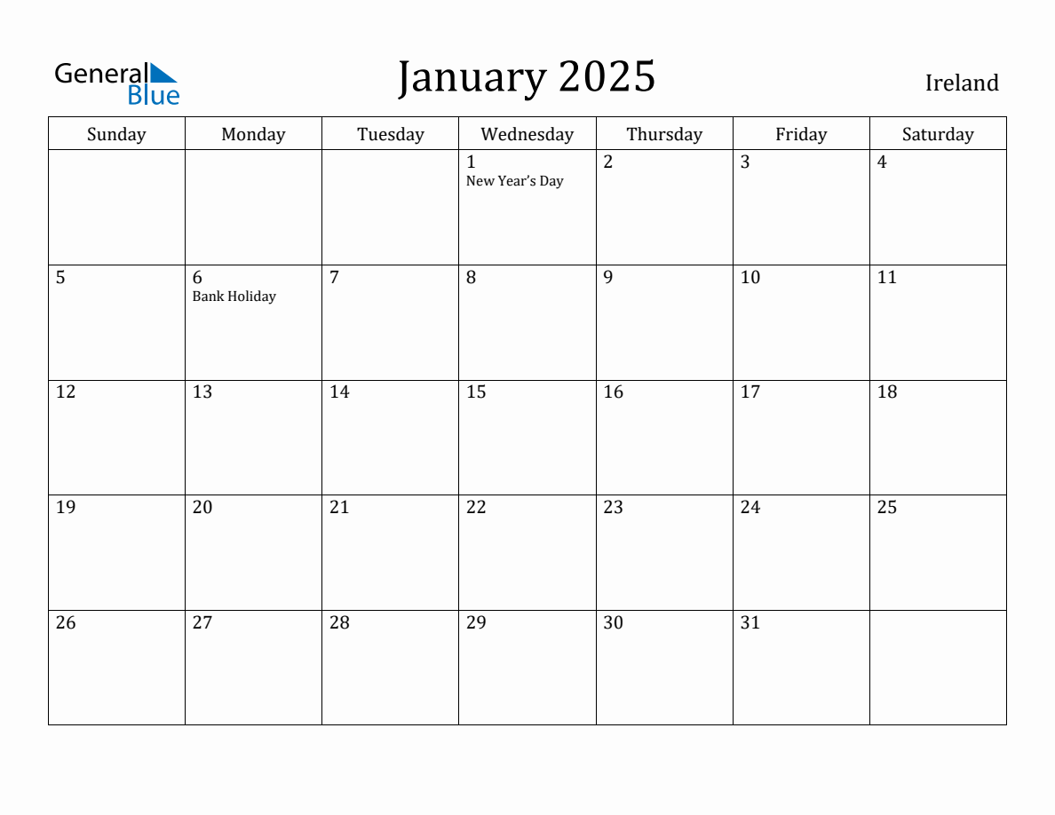 January 2025 Monthly Calendar with Ireland Holidays