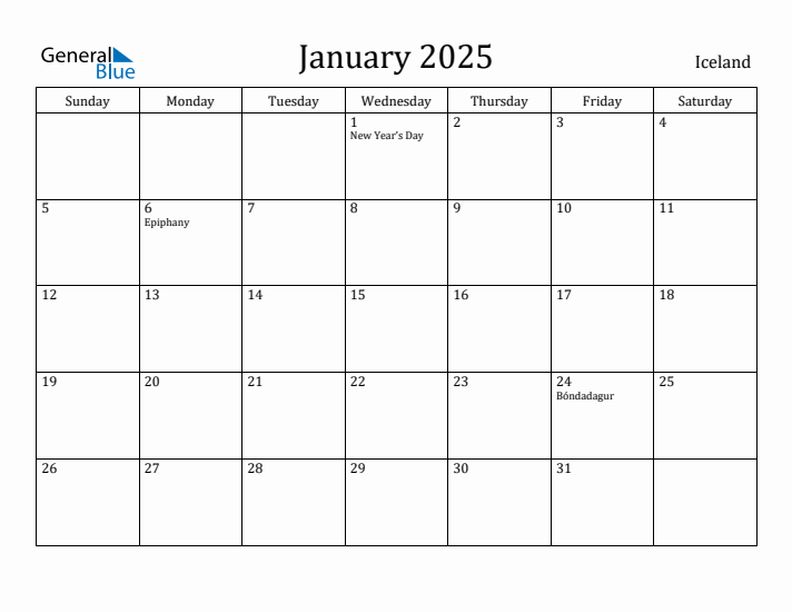 January 2025 Calendar Iceland