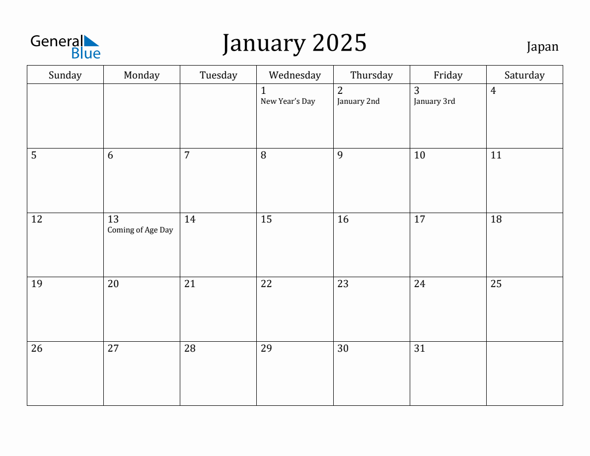 January 2025 Monthly Calendar with Japan Holidays