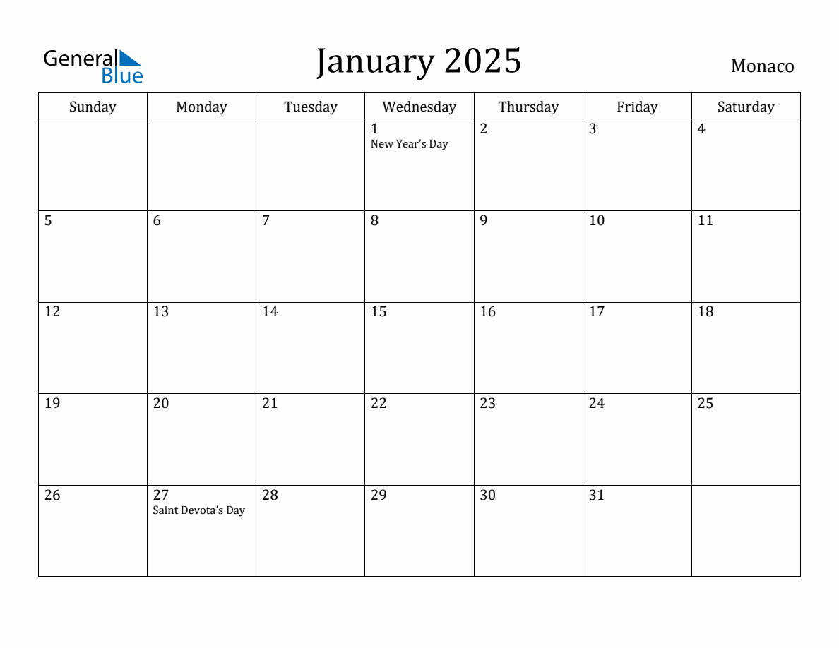 January 2025 Monthly Calendar with Monaco Holidays