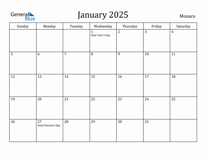 January 2025 Calendar Monaco