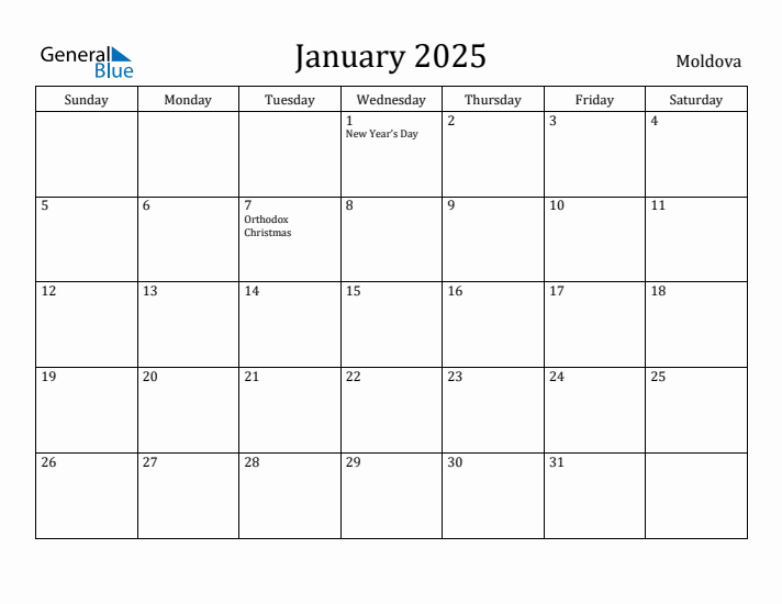 January 2025 Calendar Moldova