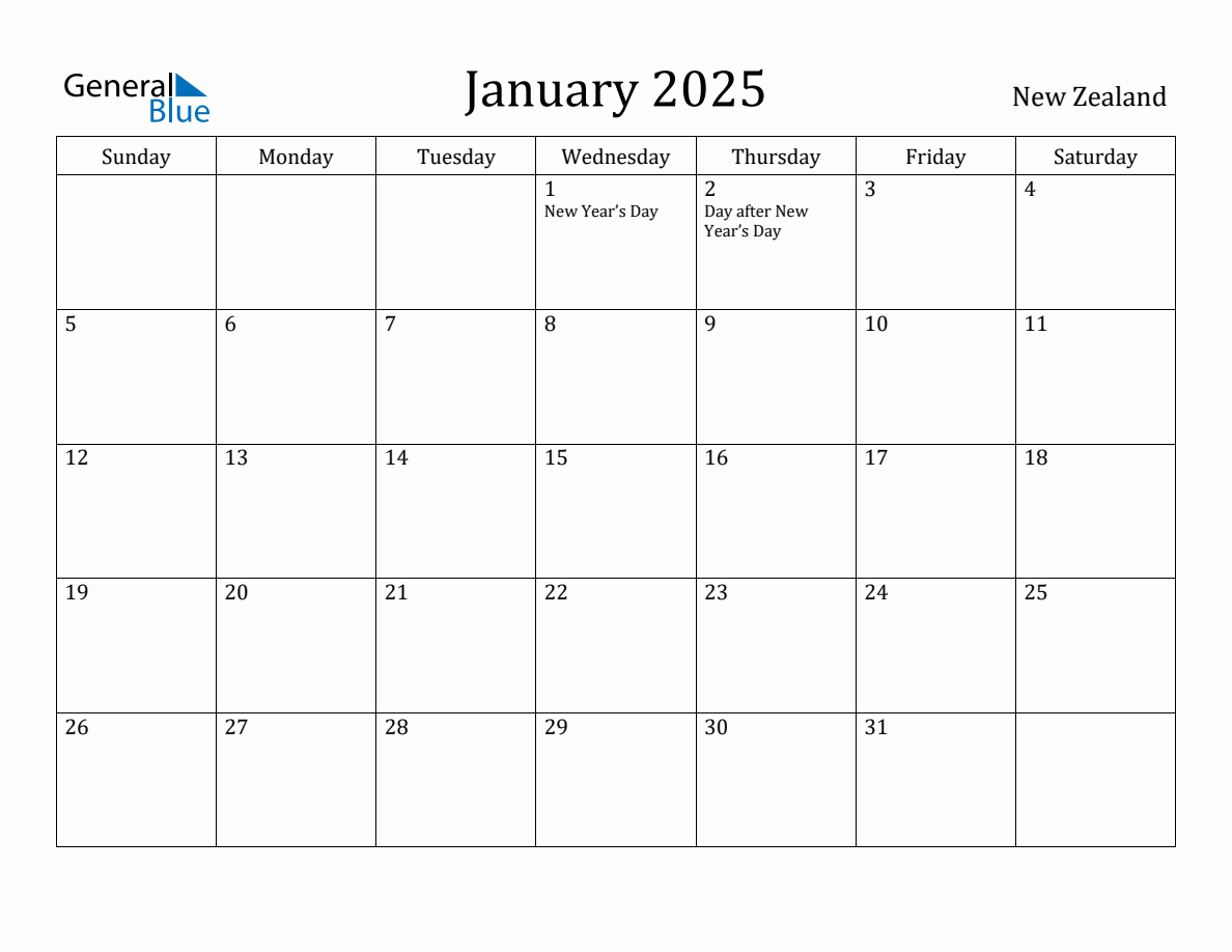 January 2025 Monthly Calendar with New Zealand Holidays