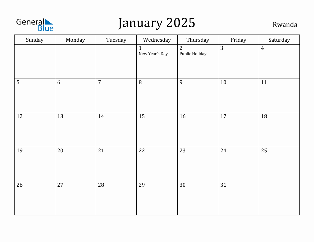 January 2025 Monthly Calendar with Rwanda Holidays