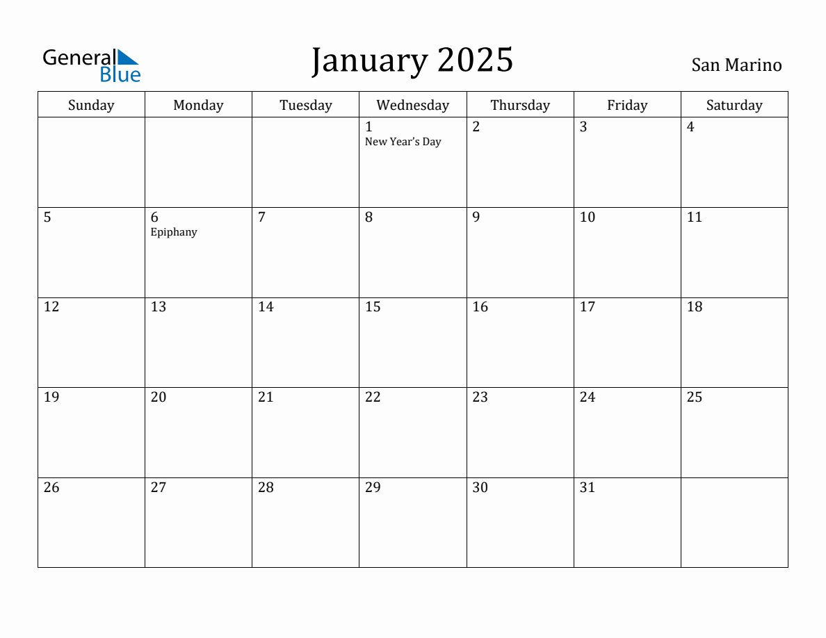 January 2025 Monthly Calendar with San Marino Holidays