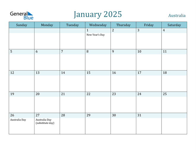 January 2025 Calendar with Australia Holidays