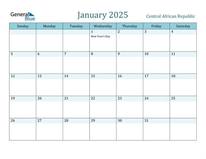 Central African Republic January 2025 Calendar with Holidays