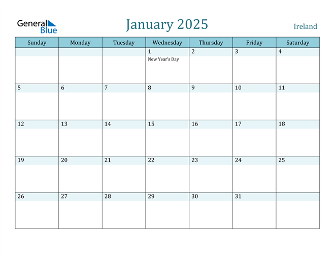 Ireland January 2025 Calendar with Holidays