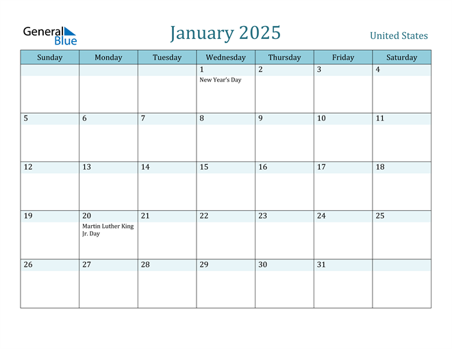 January 2025 Calendar with Holidays in PDF, Word, and Excel