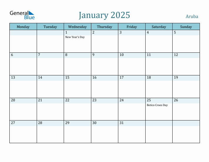 Aruba Holiday Calendar for January 2025